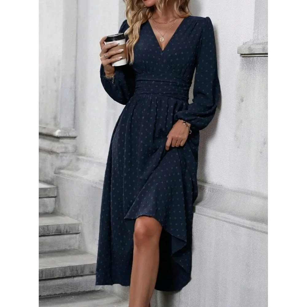 Xxl-Women's Spring Fall Midi Dress Casual Long Sleeve V Neck Swiss Dot Navy Blue - Picture 3 of 4